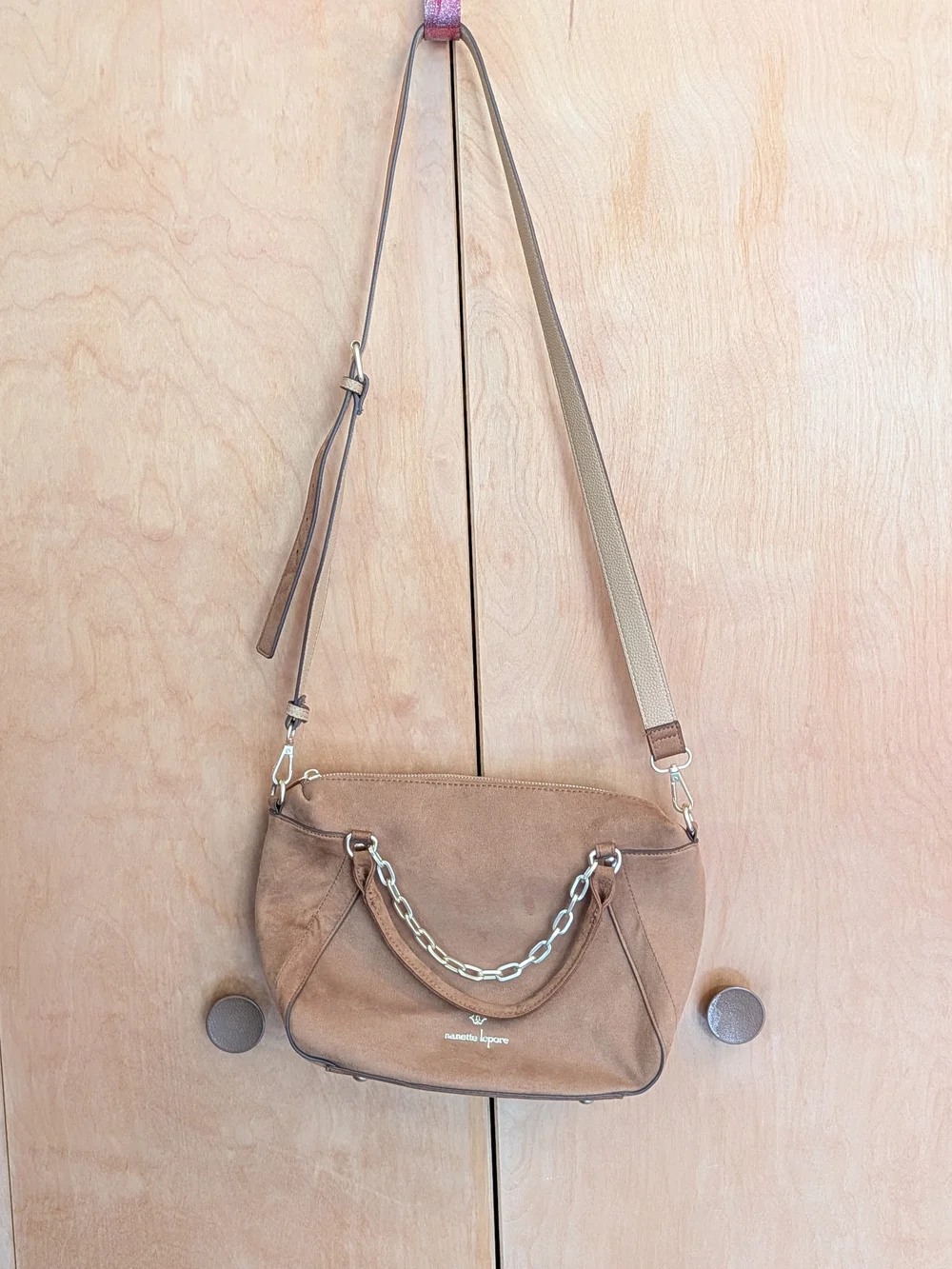 Nanette Lepore Faux Suede Satchel Bag in Camel W/Gold-tone Accent Chain